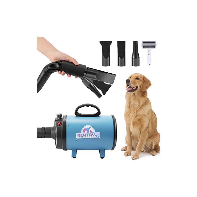 NEWTRY ペットドライヤー 犬用 ペット用 ドライヤー ブロワー 送風機 無段階速度制御 3つのノズル付き ブラシ付き 風速温度調整可能 大風量 騒音低減 110V/700-2000W(ブルー)