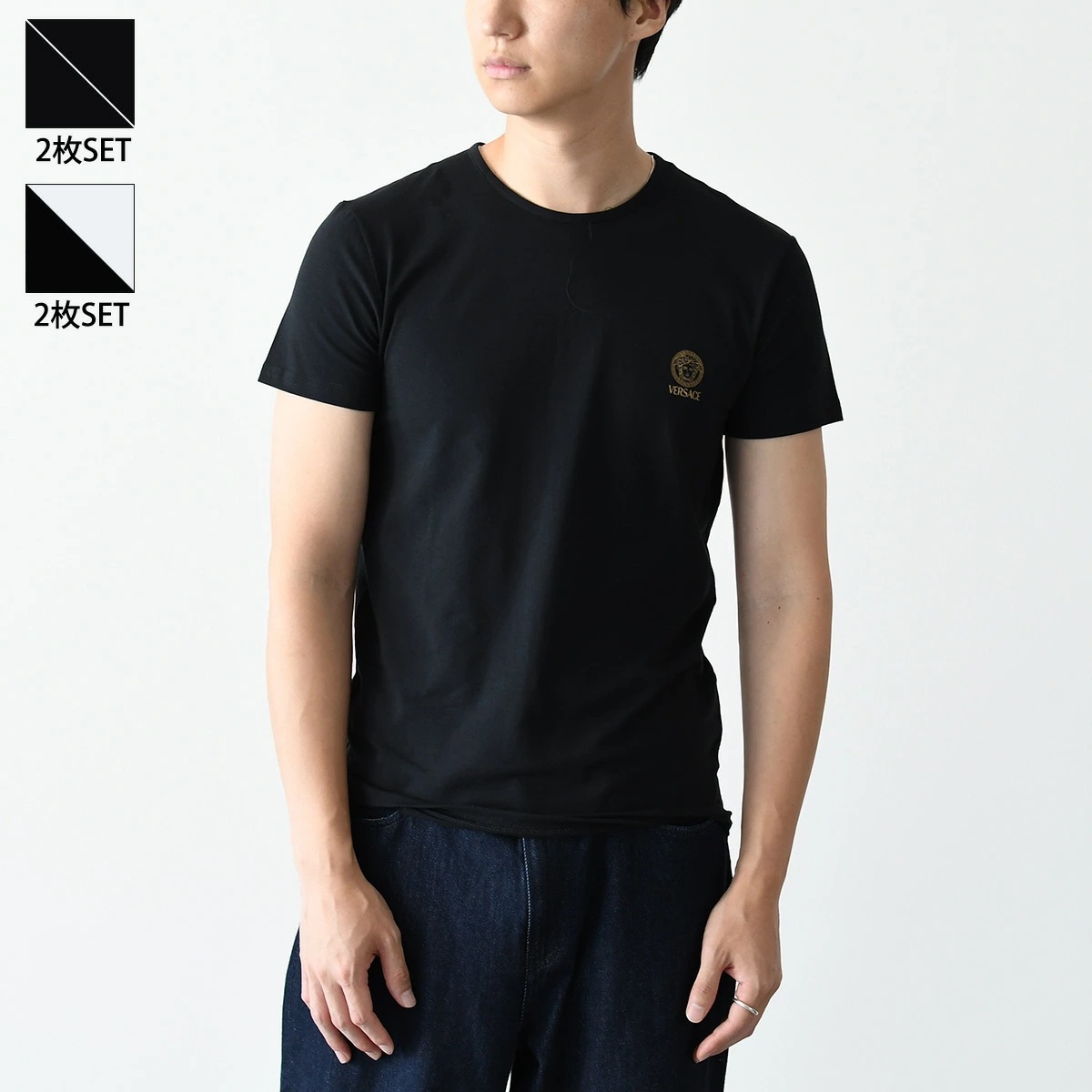 Tシャツ 2枚セット ベルサーチ 半袖 丸首 AU10193 1A10011 メドゥーサ ブラック 黒 ホワイト 白 セット アンダーシャツ メンズ ギフト