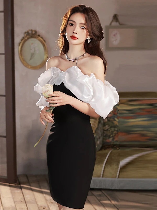 バブルスリーブドレス 軽い豪華な高い宴会のイブニングドレ 気質フレンチワンショルダーリトルブラックドレス パーティードレス ウェディングドレス 結婚式ドレス