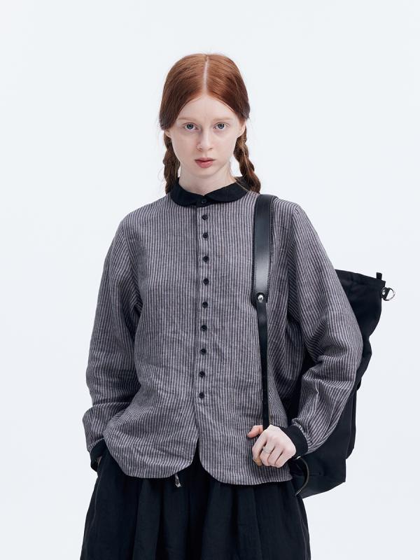 レディース シャツ トップス Douwu Clothing ウォッシュド リネン ラウンドネック ピンストライプ ステッチ レディース シャツ