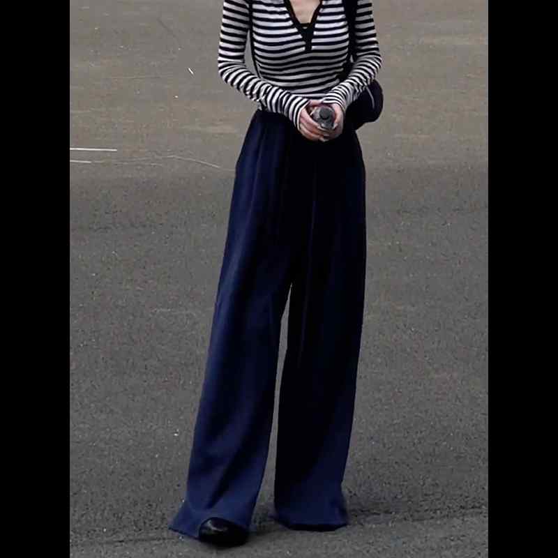 ブルー ハイウエスト ズボン ワイド レッグ パンツ