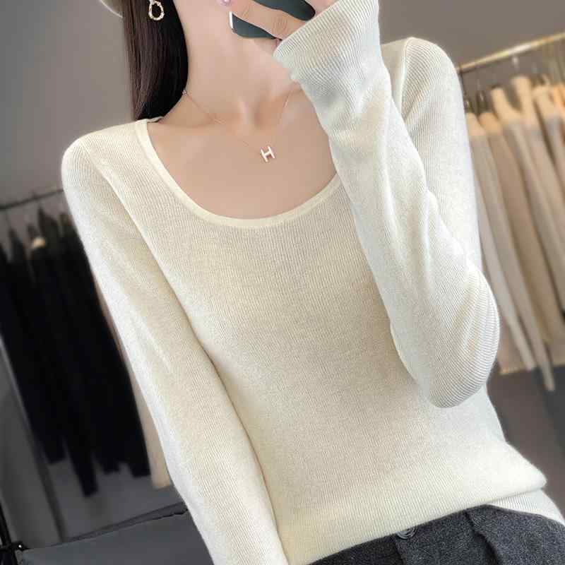 秋冬 コーデ レディース ファッション オシャレ 服 カワイイ シンプル 大人カワイイ 大きいサイズ 白 U ネック セーター 無地 スリムフィット ニットプルオーバー ラウンドネック ウール 長袖