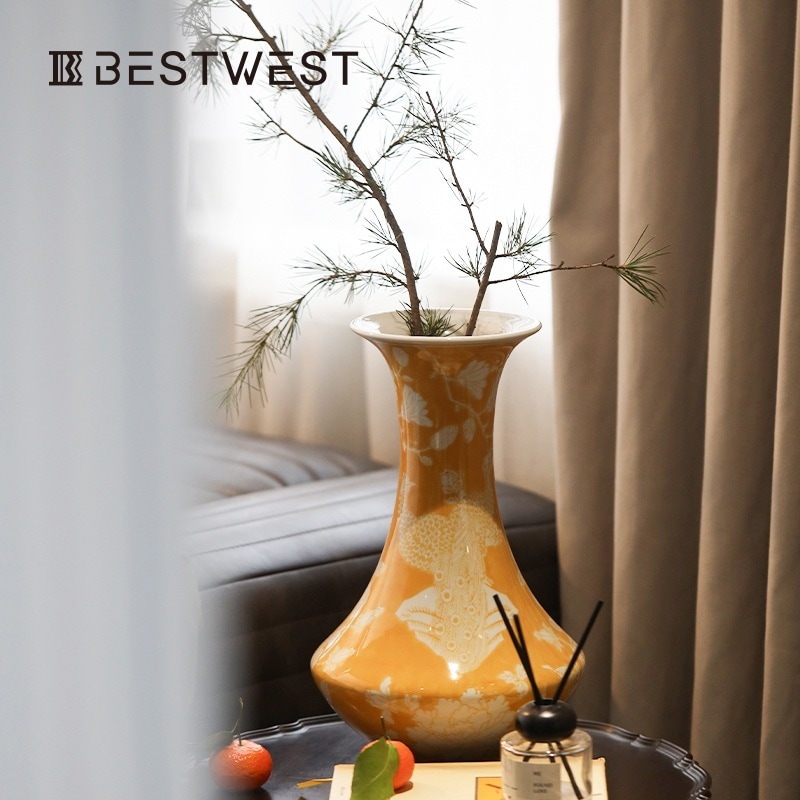 黄底孔雀花卉ロングネック花瓶スタンドホームライト贅沢貯蔵缶アクセサリーセット