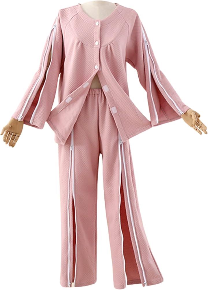 介護用パジャマ フルオープン 女性用 介助パジャマ 寝たきり ファスナー レディース( ピンク, L)