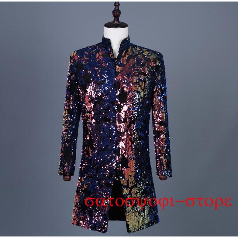 新作即納メンズ ステージ衣装 スパンコール 舞台 ステージ スーツジャケット あや きらきら 男性 タキシード 長袖 スパンコールスーツコート 立襟 ジャケット ミドル丈メンズ ステージ衣装