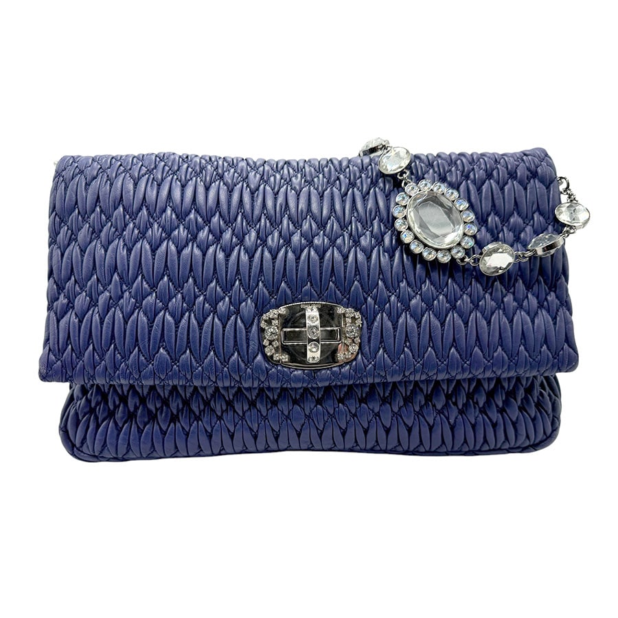 ミュウミュウ MIUMIU ショルダーバッグ マテラッセ ビジュー レザー/メタル ネイビーブルー/シルバー レディース z2666