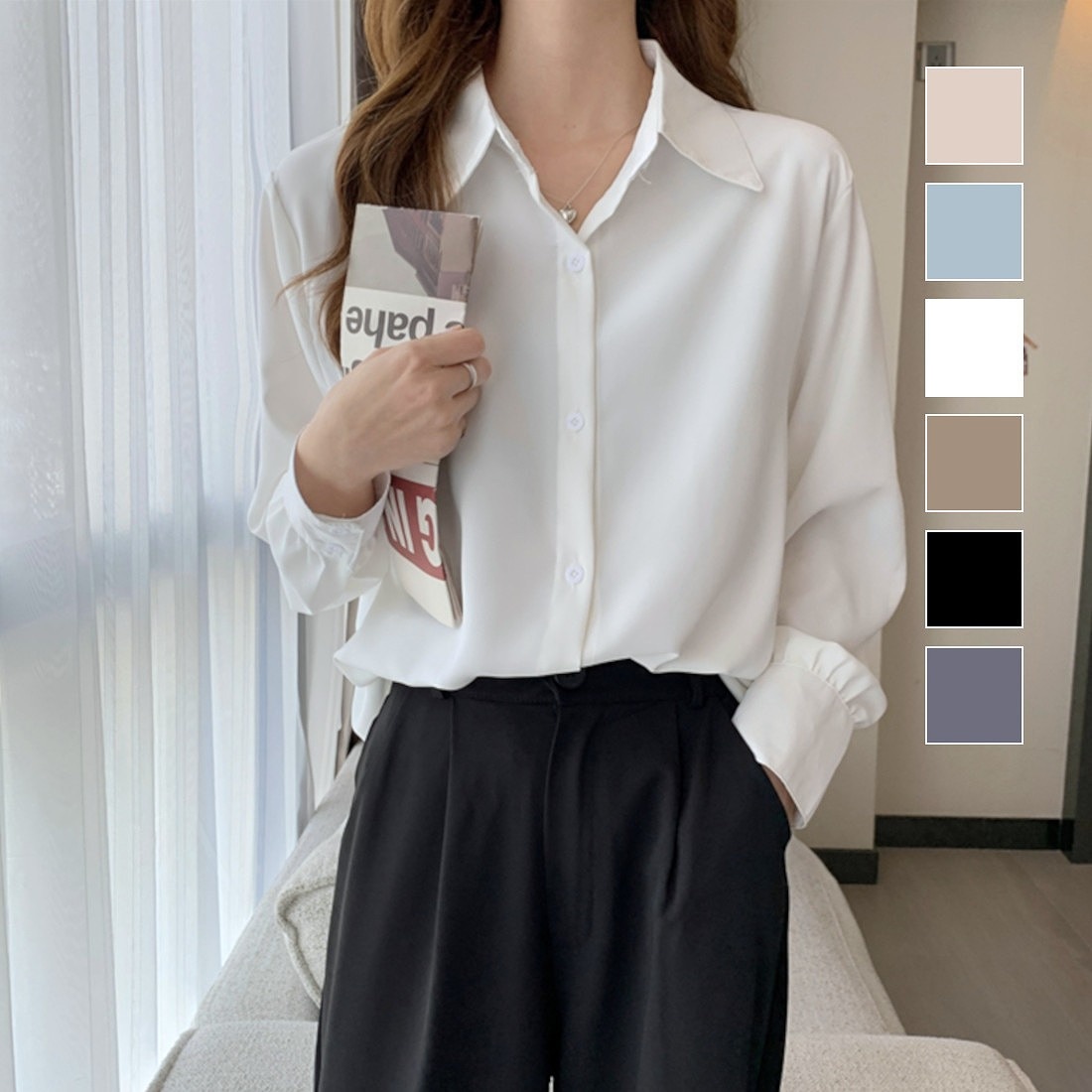 ルーズシルエットがオシャレなカラーシフォンシャツ春シャツラージゆったりフロントボタン無地シンプルレデ