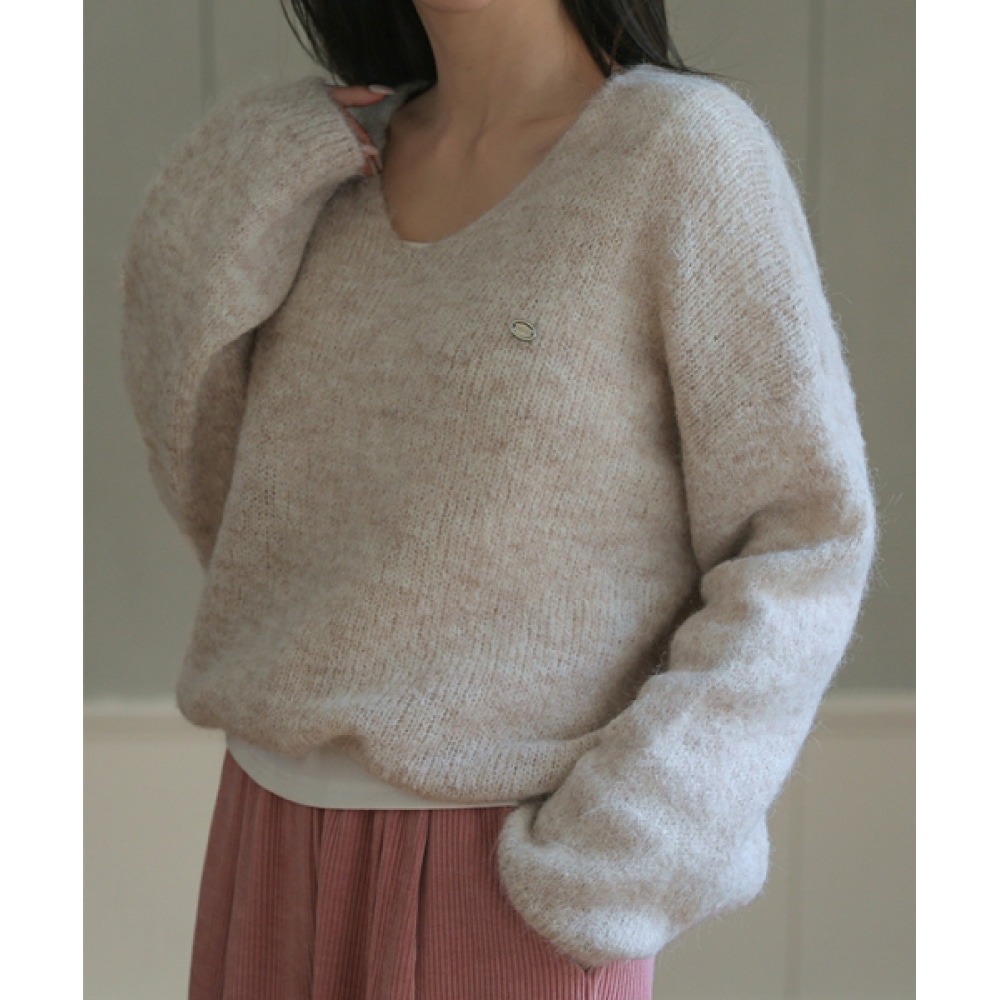 フレンチシックシルバーチークバルーンスリーブ Vネックウールニット