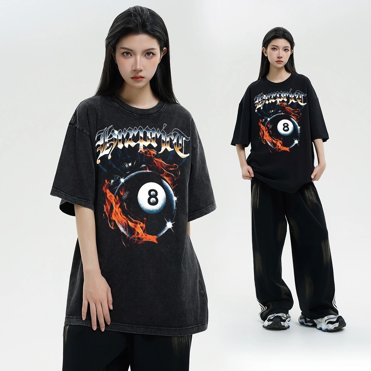 ピュアコットンアメリカンレトロウォッシュ加工プリント半袖メンズTシャツルーズサマーハーフスリーブ
