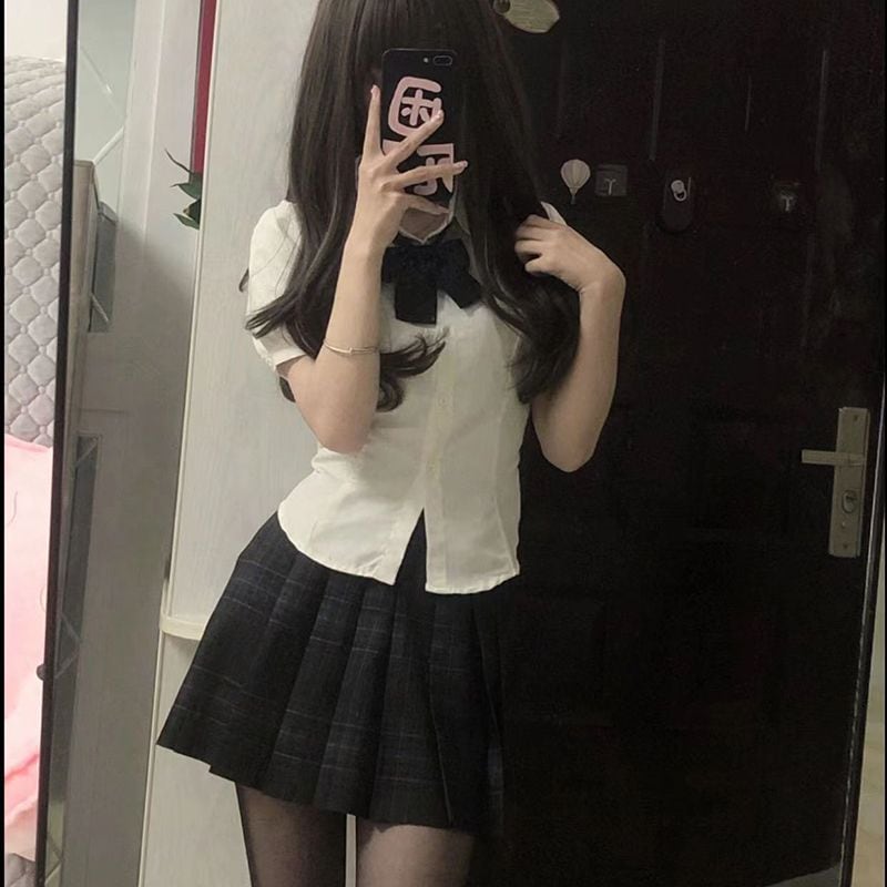 【1つ買うと10つ無料】女性のためののjkユニフォームウエストシャツ短袖の大学スタイルパフスリーブホワイトシャツjkスーツ