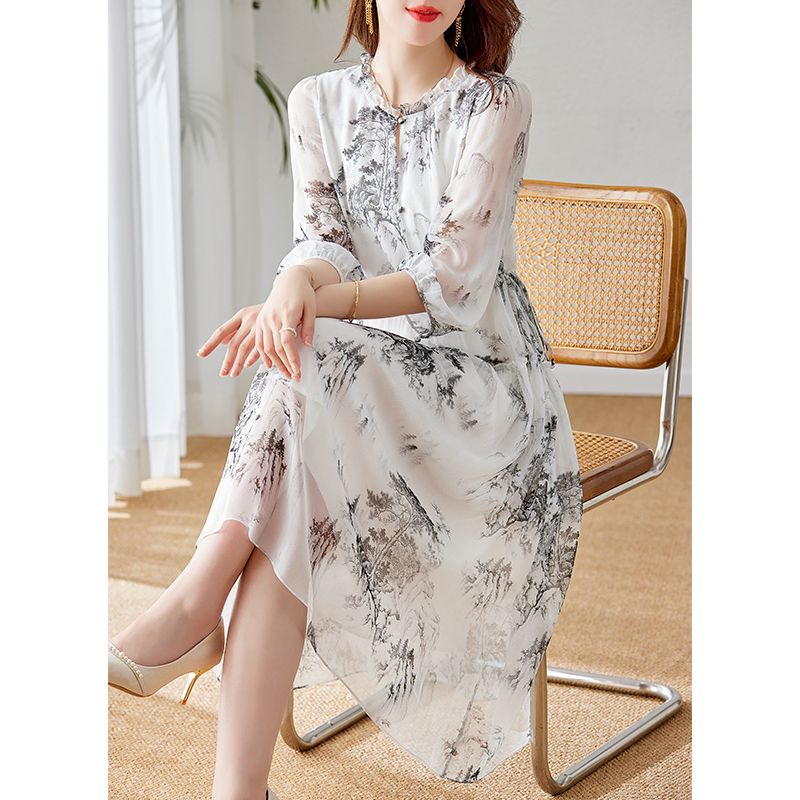 人气新作 花柄ワンピース 韓国ファッション レディース おしゃれ かわいい カジュアル お OL シフォンワンピースセブンスプリット初秋新作ロングドレス 46aa4817