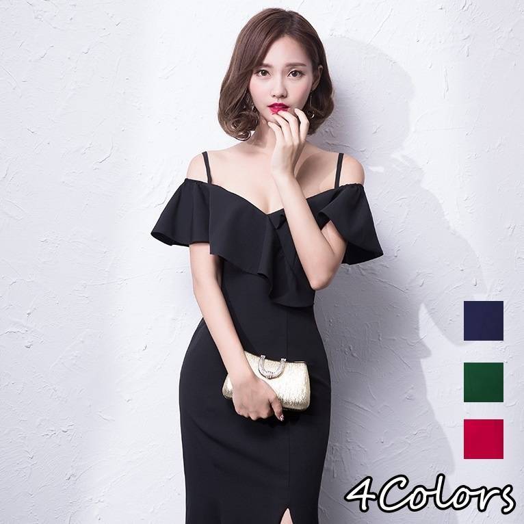 人気パーティードレス ロング丈 ワンピース ドレス ロング ワンピース マキシ ワンピース ロング ドレス 10代 20代 30代 オフショル キャミ 春夏 フリル ドレス 黒 上品