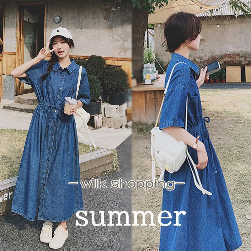 2026春夏新作デニムワンピース 半袖 レディース 夏服 シャツワンピース ロングワンピース ボタン付き ポケット 春夏 ウエストリボン付き aラインワンピース 羽織るものデニムワンピース 半袖 レデ
