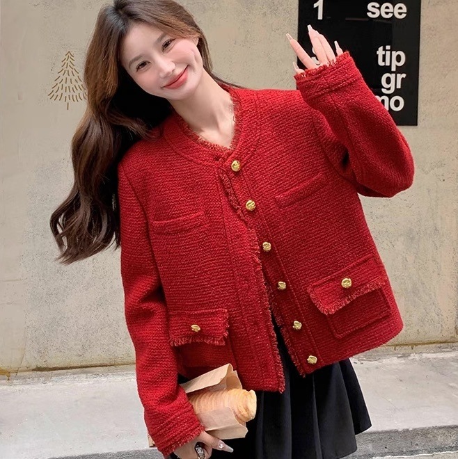 ツイードジャケット ツイードジャケットレッド ツイード ジャケット 赤 レッド 高見えジャケット ノーカラージャケット ノーカラー オルチャン 韓国 レディース フロントボタン 金ボタン
