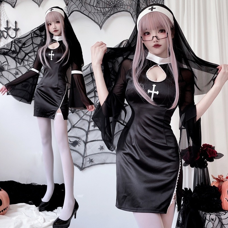 ハロウィン大人用コスプレ衣装 吸血鬼 修道女 コスチューム 十字架 ダーク ゴシックスタイル コスプレ ロールプレイ