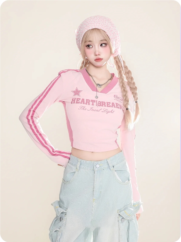 アメリカン Y2K 長袖 Tシャツ ジャージ 秋冬 シック Vネック トップス スポーティークロップドロングスリーブTシャツ