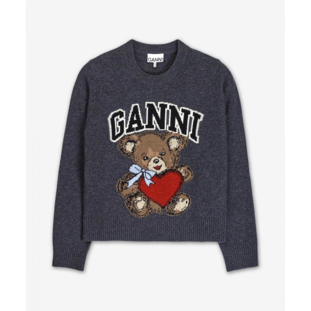 GANNI グラフィックウールミックスベアクルーネックニット-グレークイル/K2370084