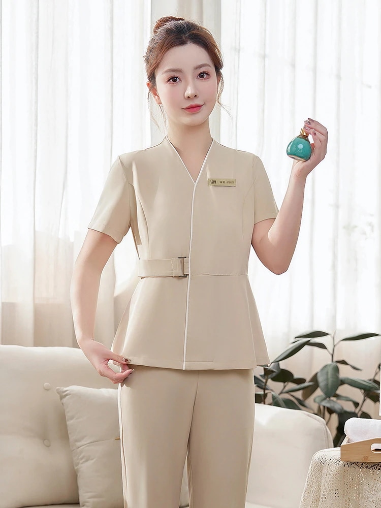 エステ 制服おしゃれ 2025セットアップ 半袖 ユニフォーム 七分袖 美容院正装販売工装職業装通勤 サロン 上下セット