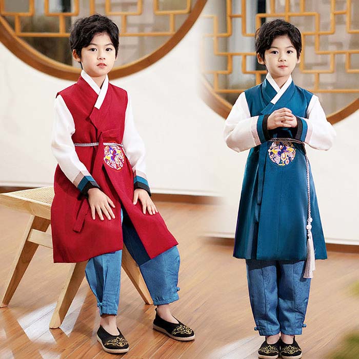 2025新作入荷 キッズ 韓服 チマチョゴリ 男子 子供服 コスプレ衣装 韓国 朝鮮民族衣装 長袖 上下セット トップス ベスト パンツ 可愛い 韓国伝統古典舞踊 ダンス衣装 キッズ服 ステージ衣装