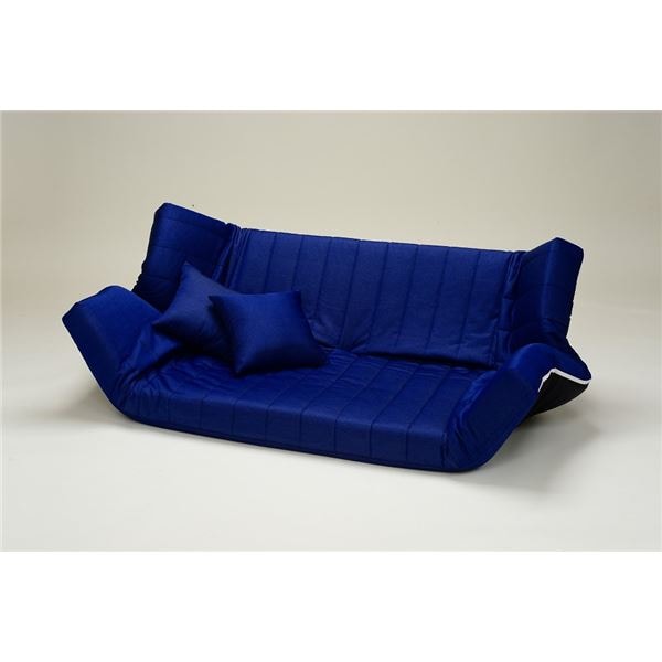 低反発 リクライニングソファー/ローソファー (2人掛け デニム生地 ネイビー) 肘付き 同色クッション2個付き 日本製