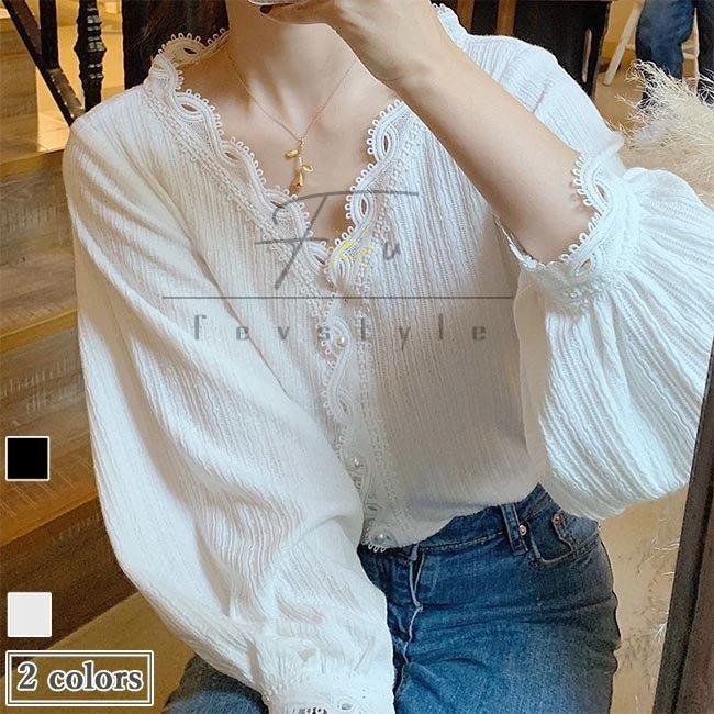 海外輸入 ブラウス長袖レディースレースブラウスゆったりvネックシャツ白レトロ長袖ブラウスレース春パールボタン長袖シャツ秋黒 ドレス サイズ 3xl Qualitygb Do