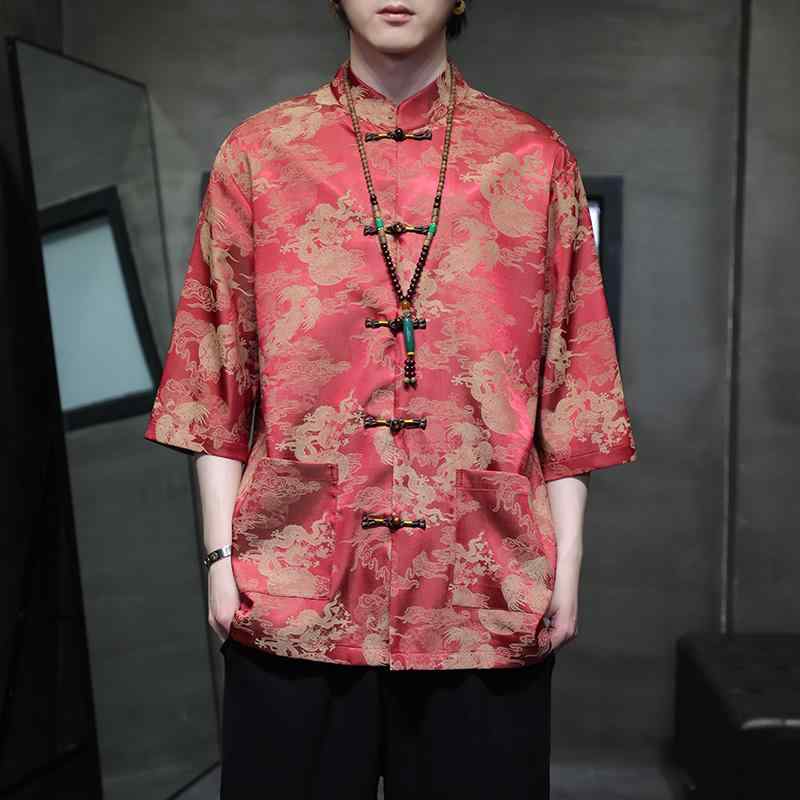 チャイナ シャツ メンズ 中華風 夏 カジュアル レトロ トップス 7分袖 漢服 薄手 プリント レッド ブラウン