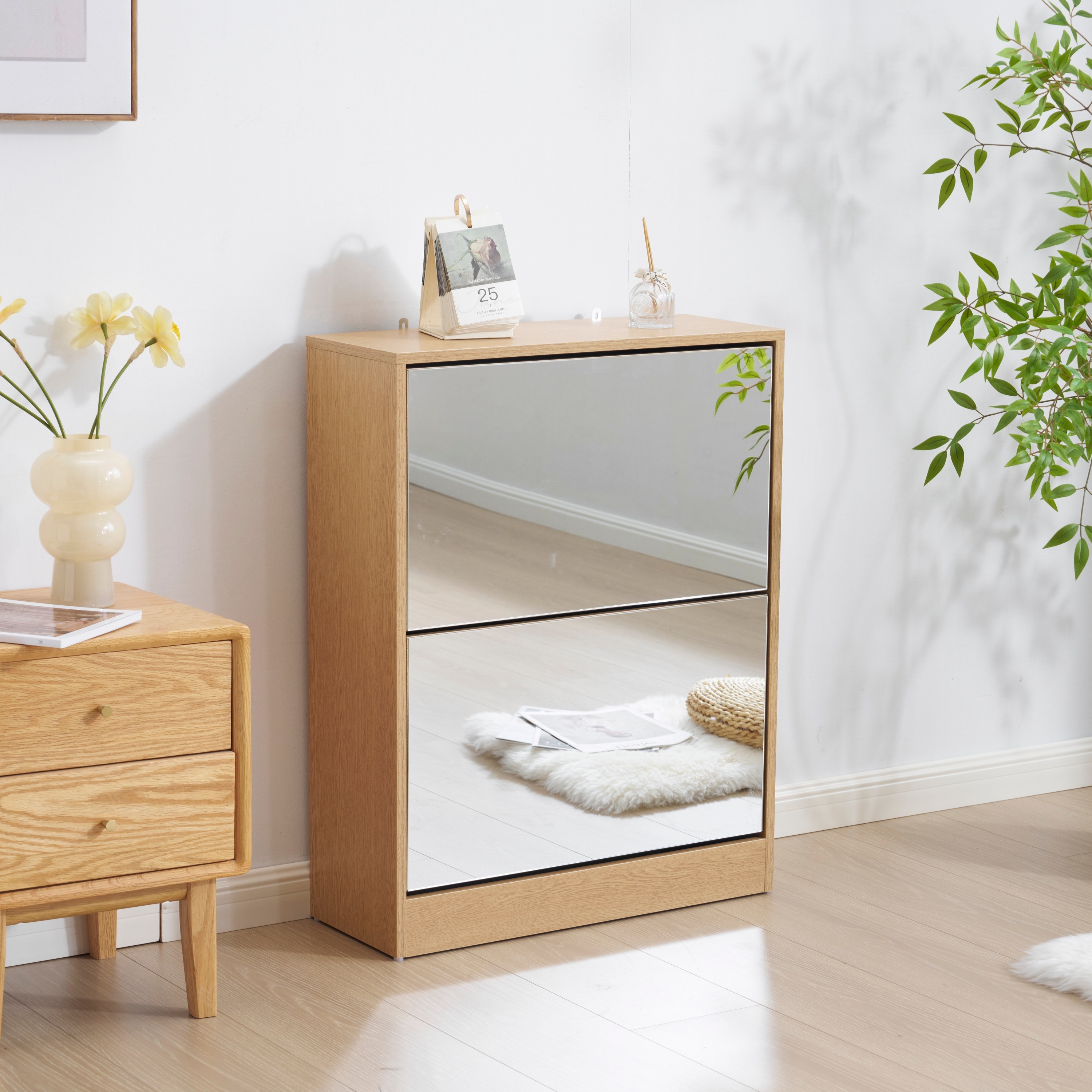 【鏡タイプ】下駄箱2段 シューズラック 玄関収納 ひとり暮らし スリムタイプ 靴収納ラック 靴収納棚 倒れ防止道具取付必要 322