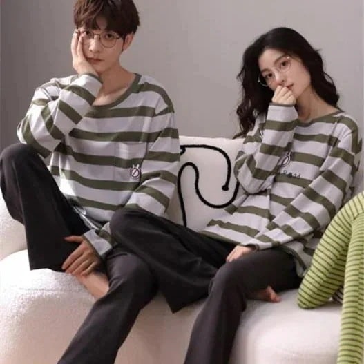 涼しく楽ちんセットアップ2024ルームウェア春ペアパジャマ長袖カップルパジャマペア春秋男女寝間着寝巻き
