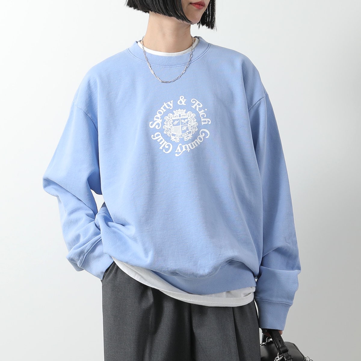 SPORTY＆RICH スポーティアンドリッチ トレーナー CR882 レディース スウェット 長袖 クルーネック 裏起毛 コットン ロゴ オーバーサイズ LILAC 【mega】