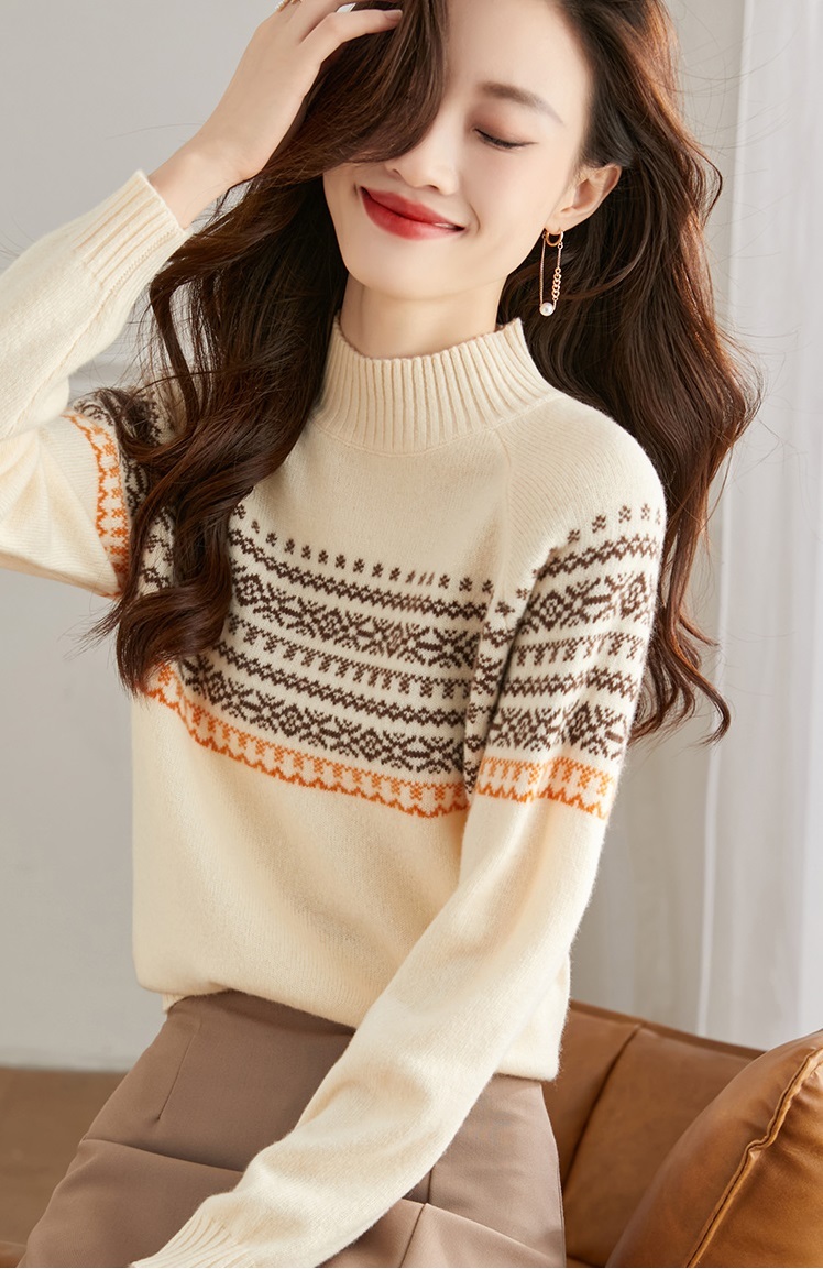 フェアアイル ストライプ ウール セーター 女性 秋 冬 ショート ハーフ ハイ カラー ニット セーター ベージュ キャメル グリーン M L XL トップス 袖あり かわいい 大人可愛い きれいめ