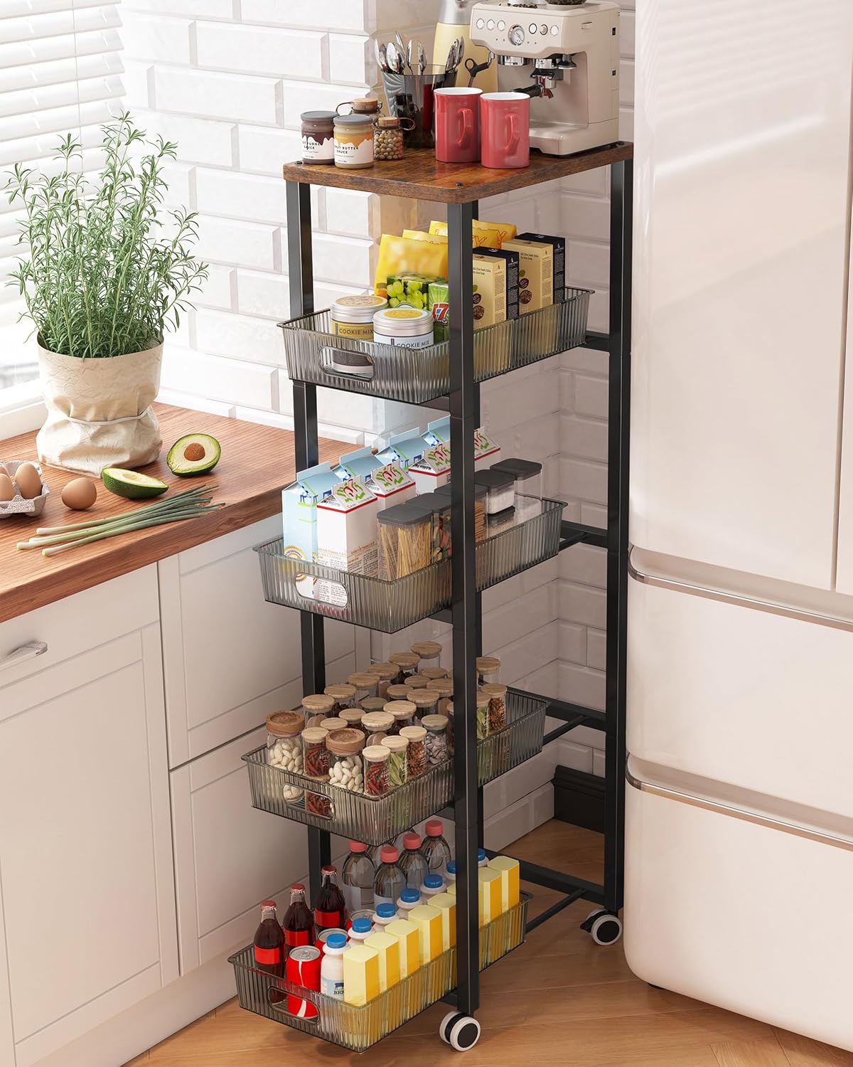 天板付きキャスター付き5段収納ワゴン 引き出し付き 幅28×奥行36×高さ107cm ブラック