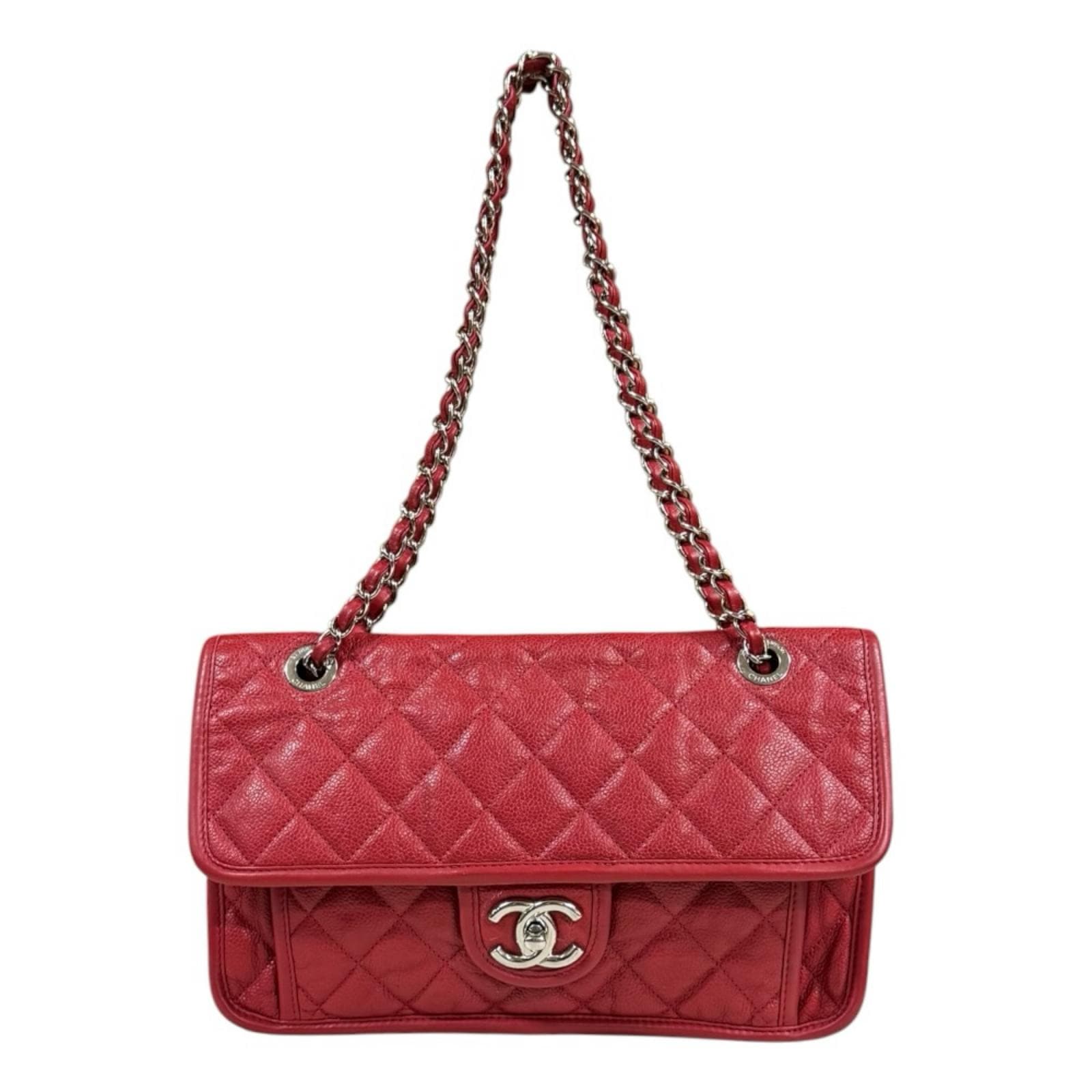 シャネル フレンチリビエラ マトラッセ ショルダーバッグ レザー レッド CHANEL 中古