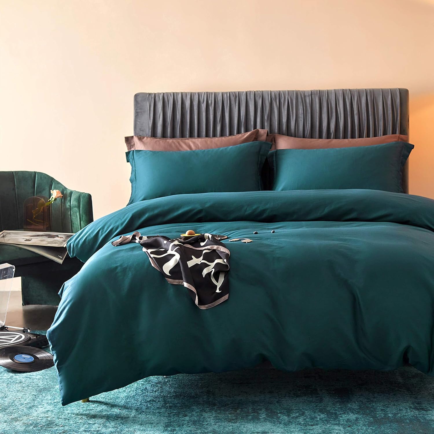 布団カバーセット シングル4点（掛け布団カバー・ボックスシーツ・枕カバー×2） エジプト超長綿100% 300TCサテン調 肌ざわりが良い 通気性に富む 毎日快眠を希望する方（S・ピーコックブルー）