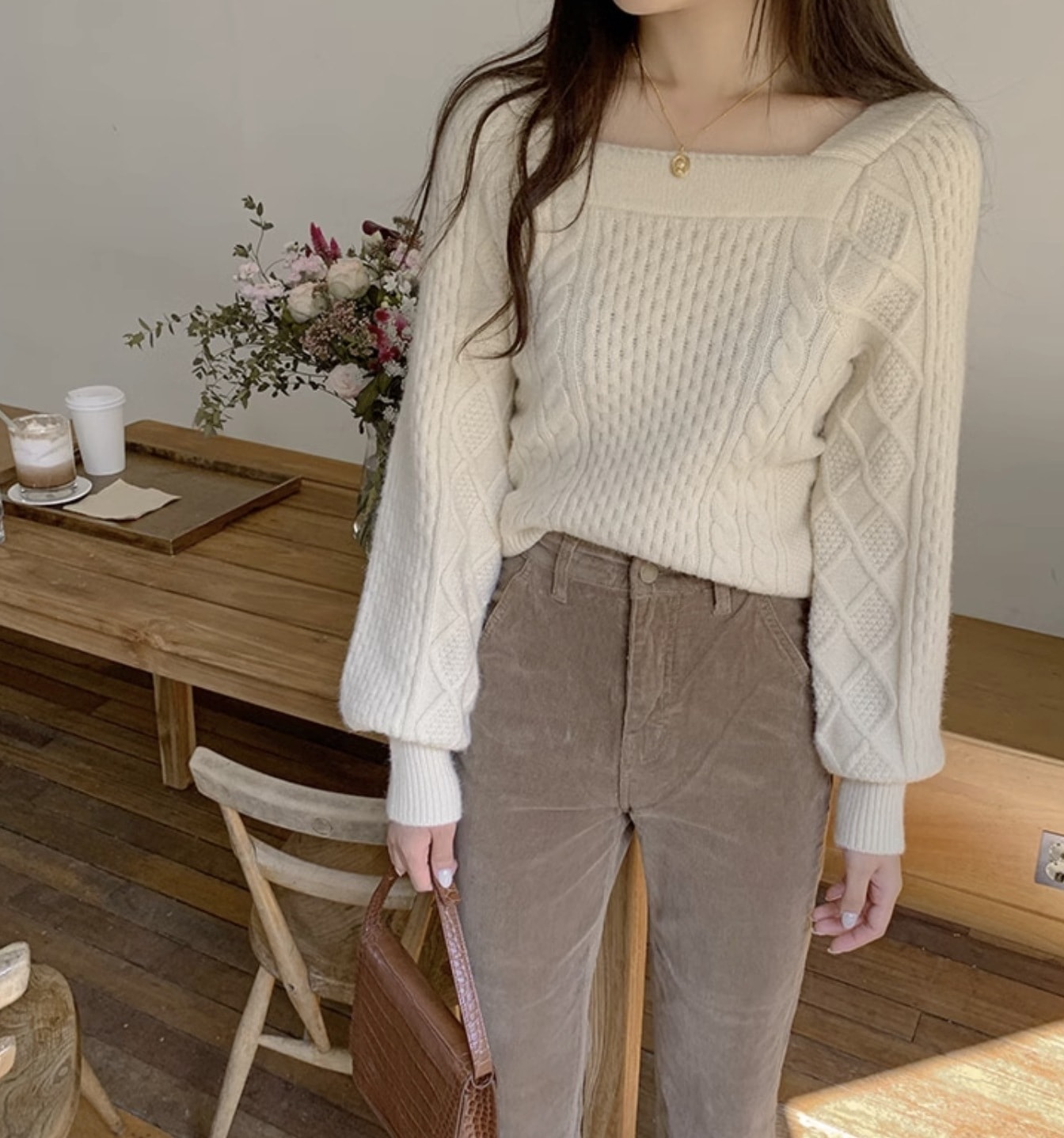 トップス ニットソー セーター ミディアム丈 ミドル丈 袖あり 長袖 スクエアネック ストレート ケーブルニット リブニット プルオーバー ニット かわいい きれいめ シンプル カジュアル 大人 上品