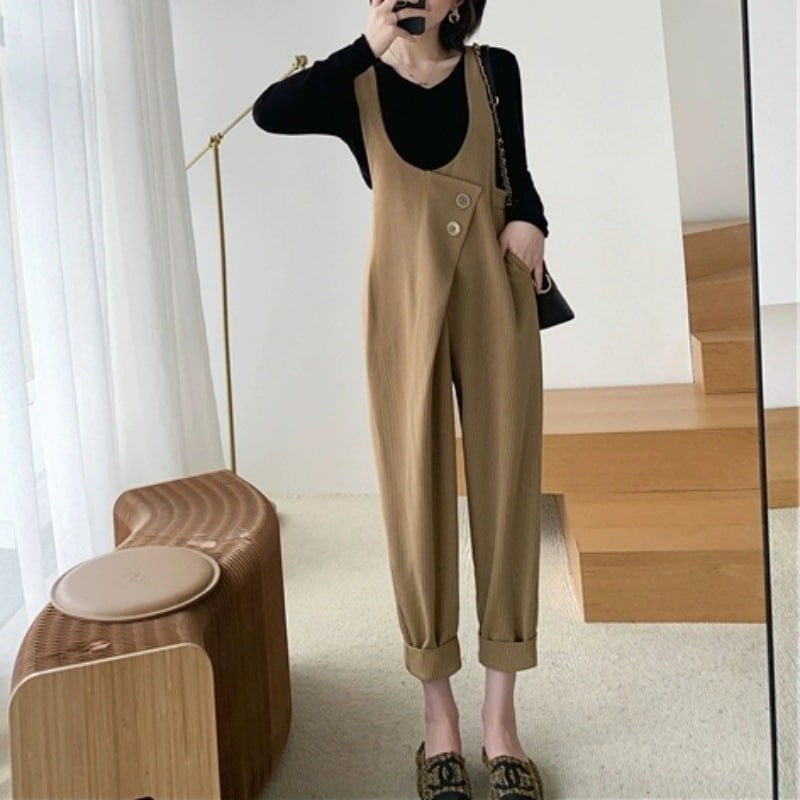 ボトムス サロペット オーバーオール クロップド丈 アンクル丈 ロールアップ Uネック 袖なし ノースリーブ トップス Tシャツ カットソー Vネック 長袖 薄手 ホワイト ブラック 2点セット