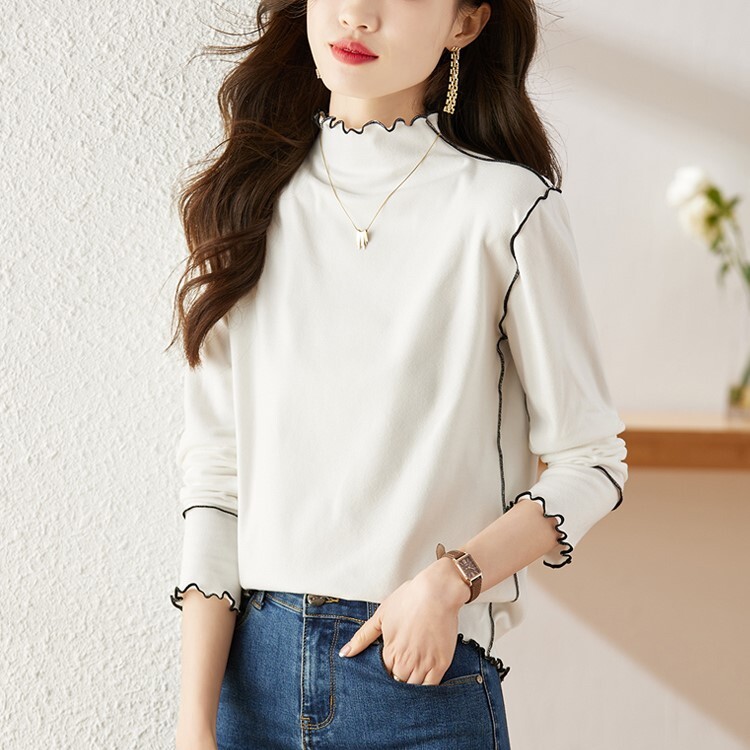 メロウヘム レタスエッジ 配色トリミング トップス カットソー ミディアム丈 長袖 プチハイネック モックネック 細身 スリム スマート 伸縮性 ストレッチ かわいい 大人可愛い シンプル カジュアル