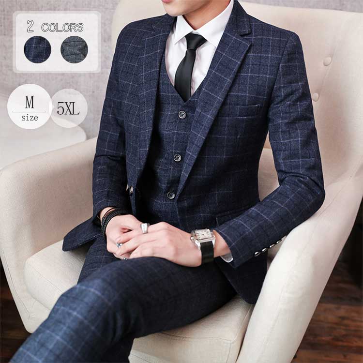 メンズスリーピースチェック柄ブレザースーツセット3ピーススーツlビジネススーツ入学式結婚式カジュアルスーツセットアップベスト付き通勤ビジネススーツメンズスリーピースチェック柄ブレザーカジュアルスーツセ