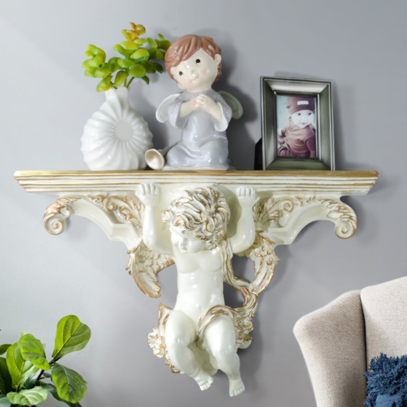 収納ラック 壁掛け ウォールラック 小物置き ヨーロピアン 天使 彫刻 芸術 アート ブラウン ブルー ダークブルー ホワイト インテリア リビング 玄関