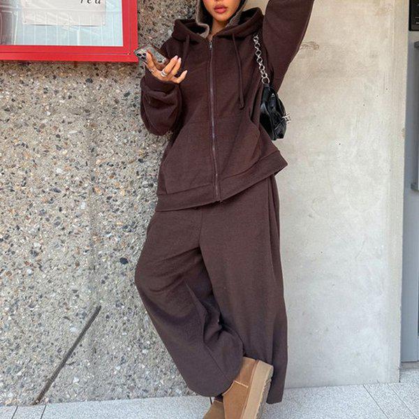 Hスタイル(SET)スピンフリースフードジップアップセット 冬 女性 両起毛 トレーニングウェアセット フリース スウェットセット