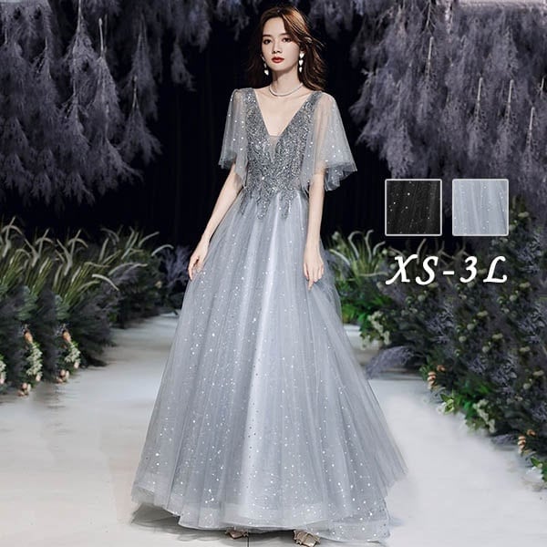ドレス 大人 ピアノ 発表会 演奏会 袖付き キラキラ Vネック レディース ロングドレス 母親 結婚式 韓国 小さいサイズ 大きいサイズ 体型カバー 成人式 二次会 謝恩会 卒業式 合唱団 オペラ