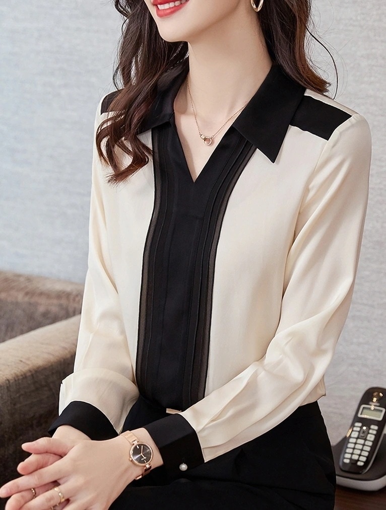 トップス ブラウス 袖あり 長袖 Vネック 襟付き きれいめ シンプル 大人 上品 おしゃれ お洒落 かっこいい 大人女子 エレガント 無地 秋 冬 20代 30代 40代 50代 レディース 女性用