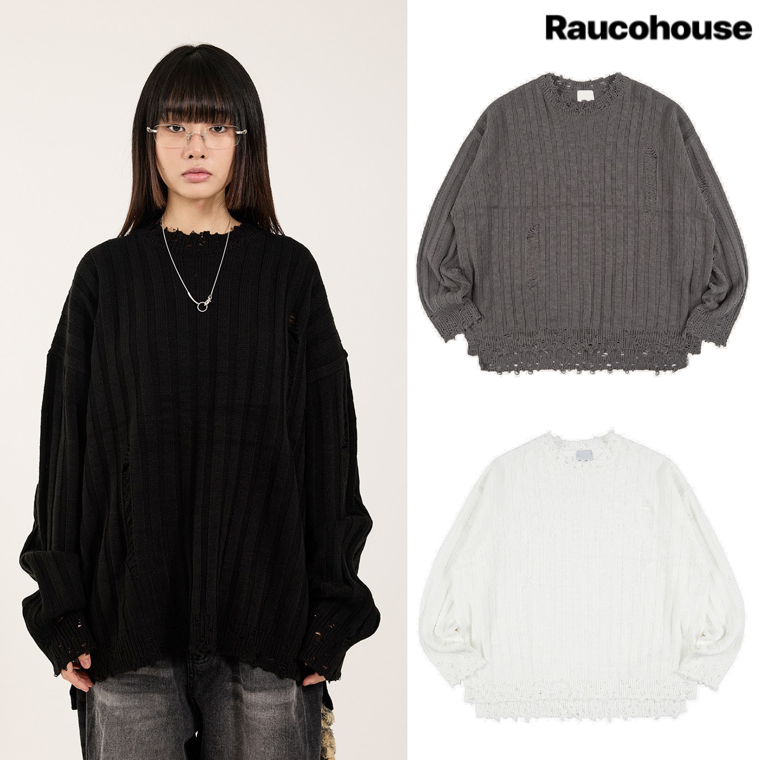 Ribbed crack damage slit over knit 3色 (UNISEX) 新商品 韓国人気 男女共用 韓国ファッションカップル デイリールック ヴィンテージ