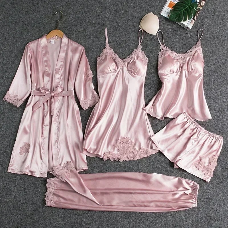 納期3週間程：女性のレースのトリムパジャマセット,サテンのパジャマ,パンツ,カジュアルな家庭服,着物のバスローブ,夏