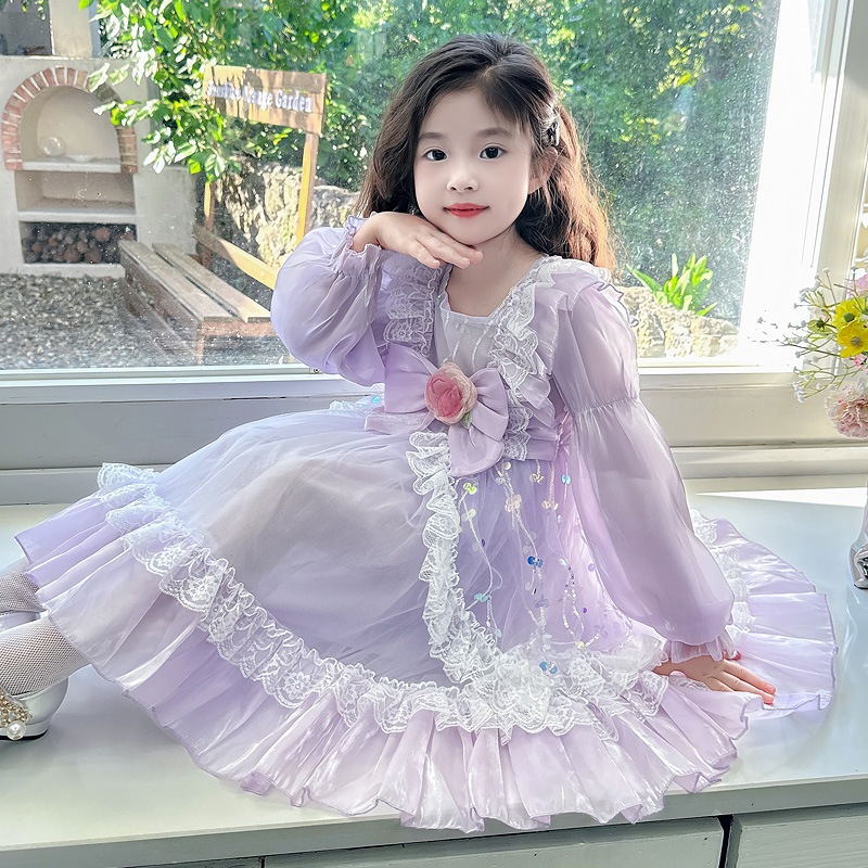 ガールズスウィートロリータスパンコールプリンセスドレス長袖子供服ドレス春秋の花誕生日ドレスドレス