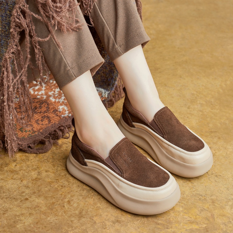 秋新作 丸型つま先イギリス風本革スリッポン厚底 ストレッチゴムカジュアルシューズ 一足履きレディースシューズ