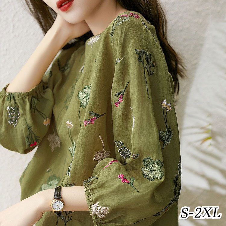 【2025新作】ブラウス レディース 春夏秋 花柄 刺繍 S-2XL オシャレブラウス 長袖 シャツ 七分袖 トップス クールネック パフスリーブ 大人 ゆったり きれいめ 30代 40代 50代