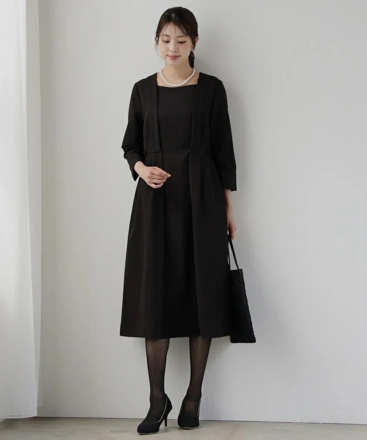 ワンピース レディース 喪服 ひざ下丈 スクエアネック 前開きファスナー ゴム入りベルト付き サイズ調整可能 ポケット付き 七分袖 裏地付き きちんと感 洗濯可 ママ 学校行事 謝恩会 お呼ばれ 食事
