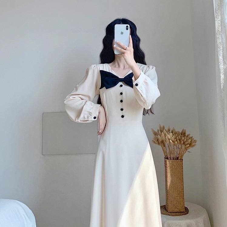 リボンワンピース ホワイト ブラック ワンピース ロング スリム 細身 ストレート スマート