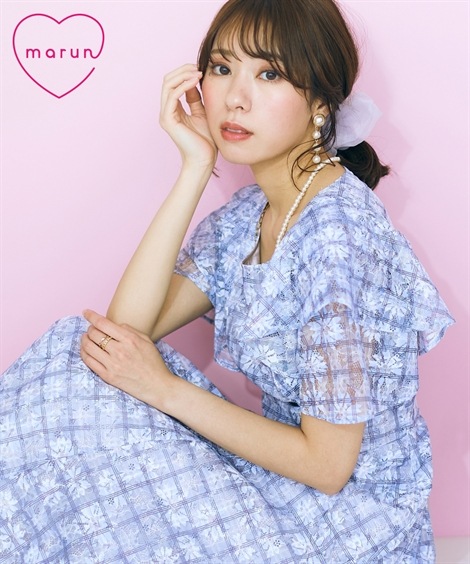 ロングマキシ丈/半袖 大きいサイズ チェック×花柄レースデザインワンピース marun 13,757円