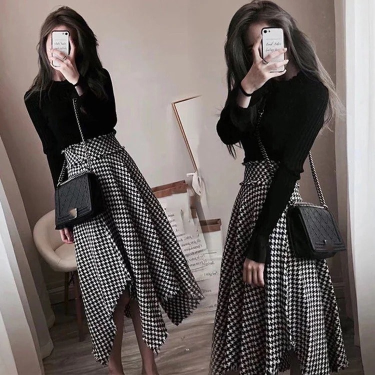 2点セット ニット スカート レディース セーター メリヤス 千鳥格 プリーツ 秋冬 長袖トップス